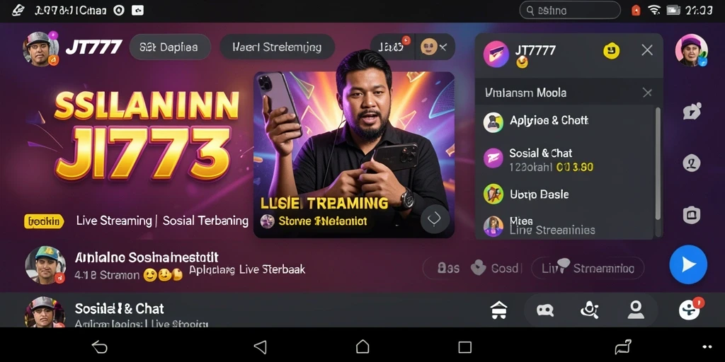 Tampilan antarmuka aplikasi JT777 saat Live Streaming dengan fitur interaksi.