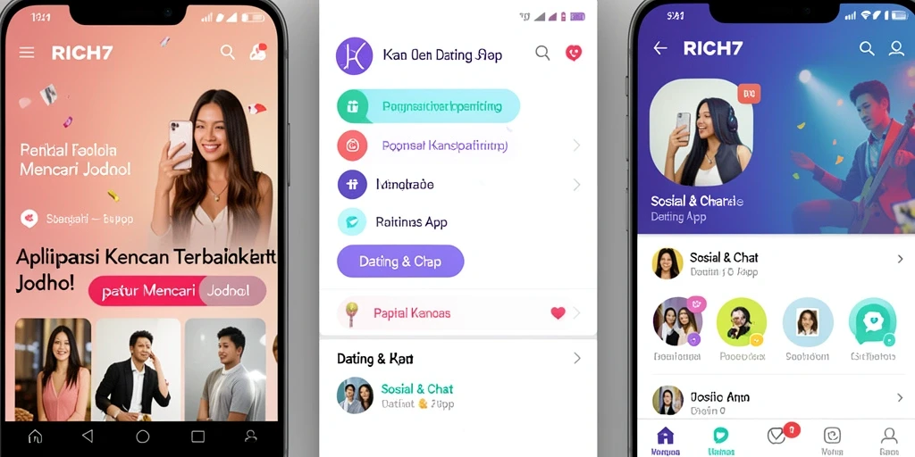 Tampilan antarmuka RICH7 yang modern dan menarik untuk aplikasi Dating App.